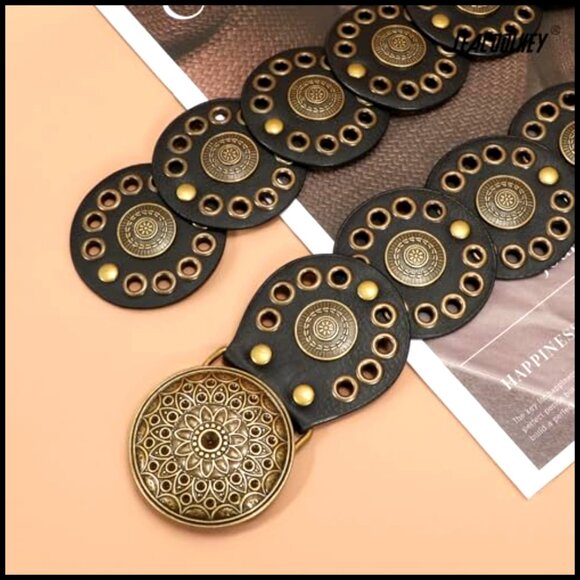 Western Leather Belt Hollow Disc Concho Adjustable Vintage Boho Chic main image 4